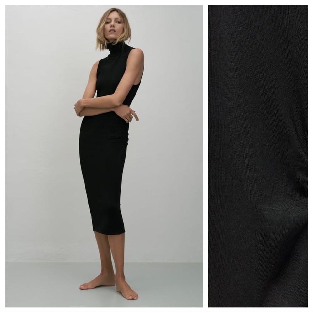 NWT. Zara Black Draped Knit Midi Sleeveless Dress. Size S.